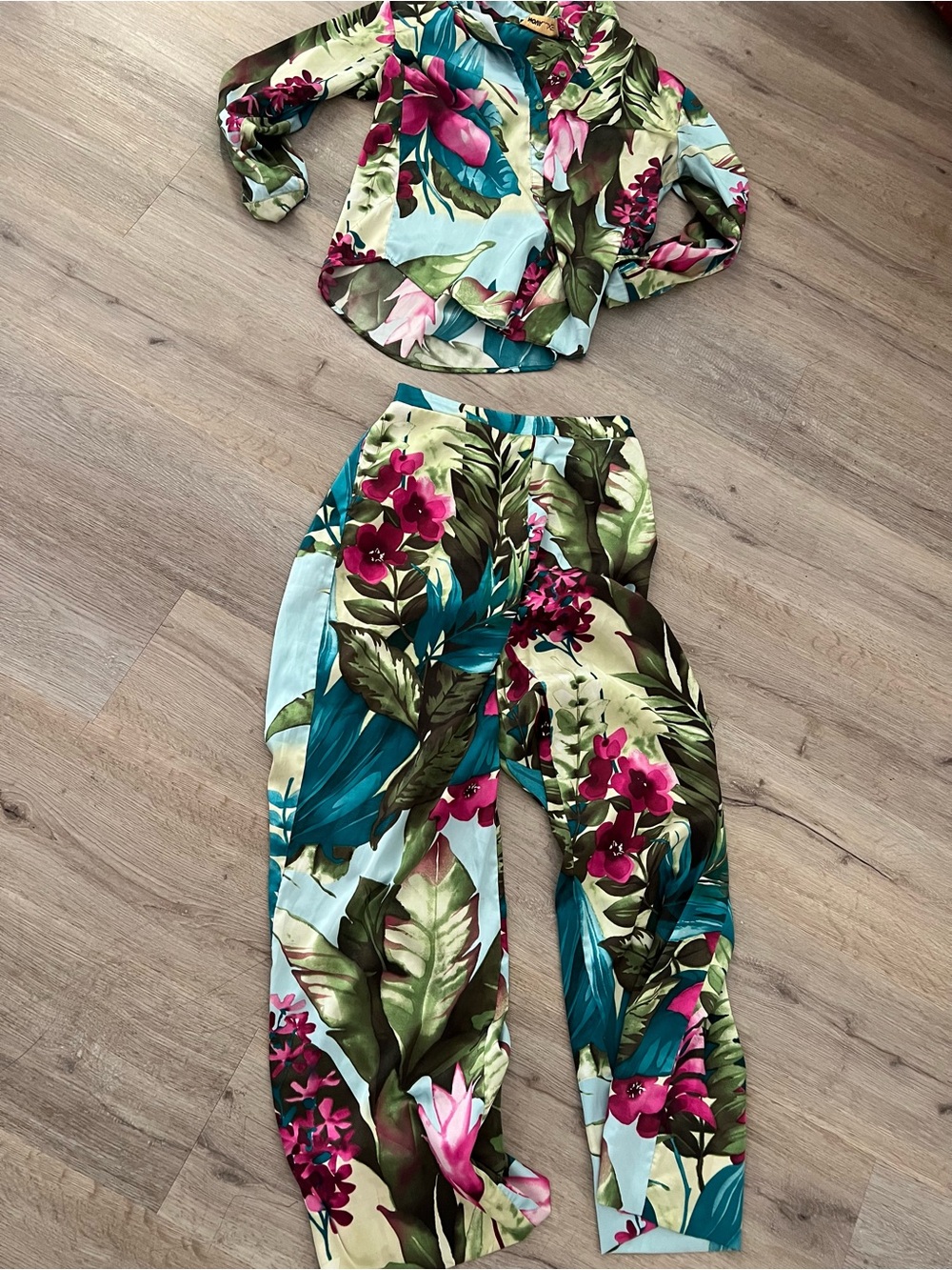 Tropical Floral Wide-Leg Pantsuit Pants - Teal & Pink